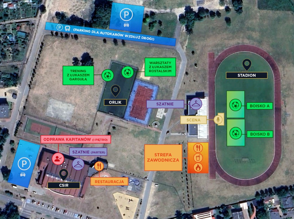 Mapa stadionu i stref wydarzenia — boiska A i B, Orlik, CSiR, parkingi, szatnie, scena i strefa zawodnika
